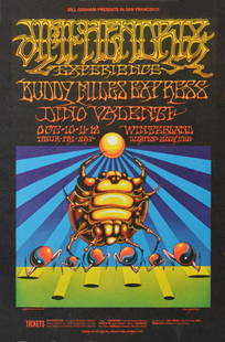 Original Jimi Hendrix 1968 Scarab & Sun concert poster: Original 1968 Jimi Hendrix concert poster, Winterland, October 10, 11, 12. First printing. Known as the "Scarab & Sun" poster, its eye-popping bright colors and stunning design make it one of the most