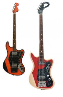 Two 1964 Wandre Basses - Tigre & Cobra: A pair of two 1964 Wandre basses - "Cobra" and "Tigre." c. 1964 "Cobra" bass, an extremely rare red and white finish, plus rare black "loop" "Cobra" headstock, twin Davoli pick-ups, all in excellent-f