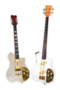 Pair of 1979 Renaissance Plexiglas Guitar and Bass: A 1978 Renaissance plexiglass guitar and bass. Two extremely rare Renaissance Pelxi Glass Guitar and Bass pair. Designed by a protegee of Dan Armstrong for the Renaissance Company in Pennsylvania,