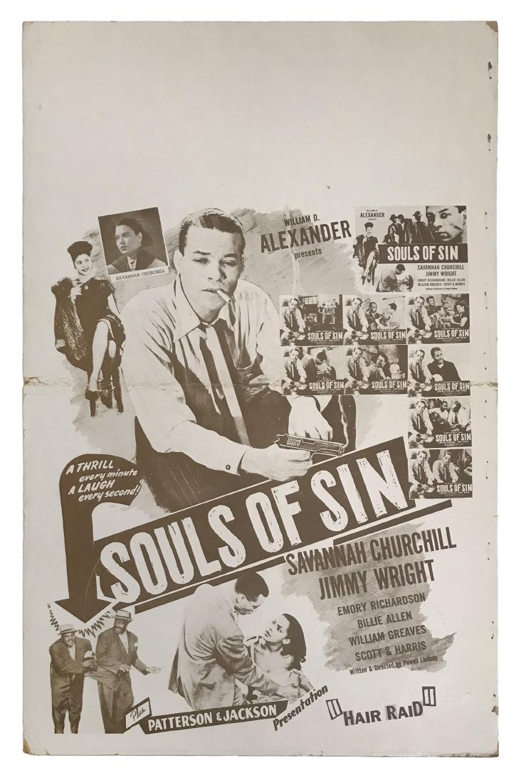 Souls of Sin Window Card: Window Card for the Movie Souls of Sin. Black and white coloring. 12 x 13.5". Starring Savannah Churchill and Jimmy Wright. In fair condition, creasing through middle of the poster. A Cinema Apart, or