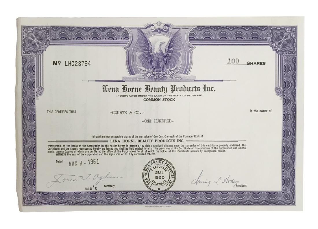 Certificate for 100 shares in Lena Horne's Beauty (1 of 2)