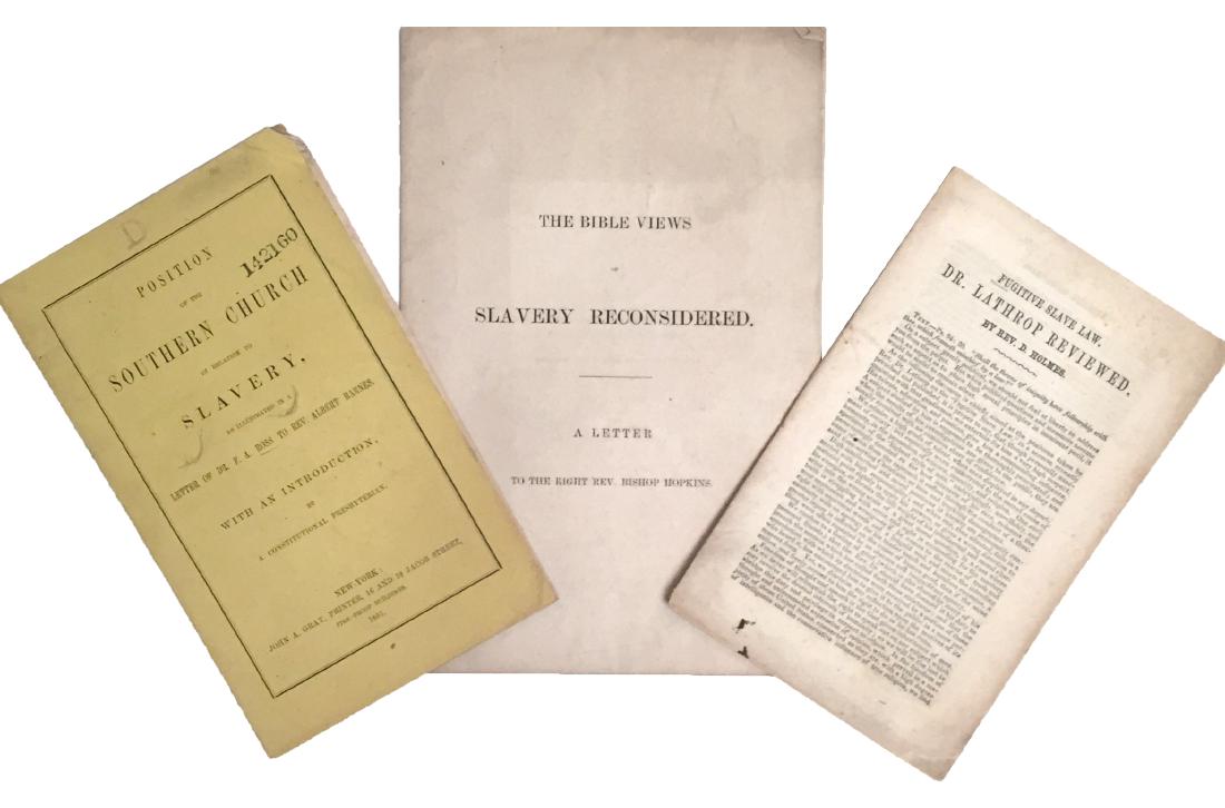 The Church, The Bible and Slavery 3 Pamphlets: The Bible Views of Slavery Reconsidered. A letter to the right Rev. Bishop Hopkins. In excellent condition. 9 x 6". 13 p. Fugitive Slave Law Pamphlet by Rev. D. Holmes, Serial #175865 stamped on the b
