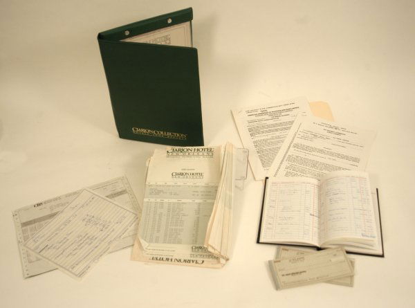 LaToya Jackson Financial Ephemera: This eclectic grouping includes a small ledger dating from 1987, a 1980 AFTRA report, two books of unused checks, two SAG contracts, a folder of hotel records, and an earnings statement from CBS Recor