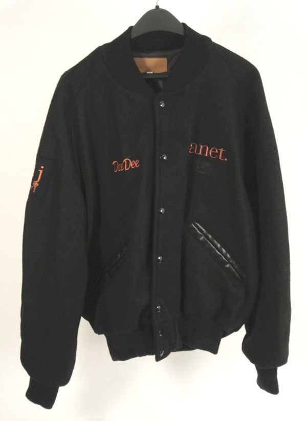 Dee Dee Jackson's Jacket from the "Janet" Tour,: This personalized Janet Jackson tour jacket belonged to Dee Dee Jackson. It is inscribed "Dee Dee" on the front in beige opposite "janet" and has "JDJ Entertainment" on the right sleeve and "Janet." o