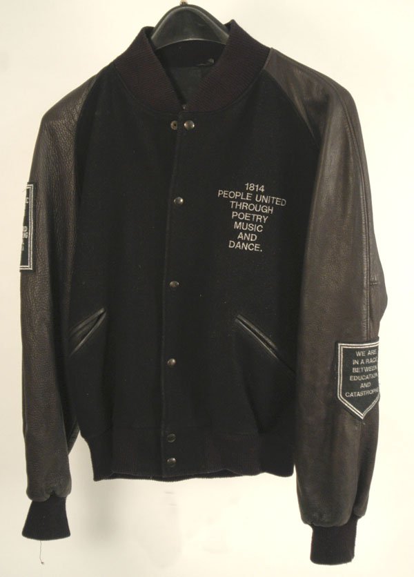 Janet Rhythm Nation Leather Jacket, 90s.: This Janet Jackson "Rhythm Nation" tour jacket is created from leather, wool and nylon. Janet's philosophy behind the album appear in embroidered text on the jacket's sleeves and front. Very good cond