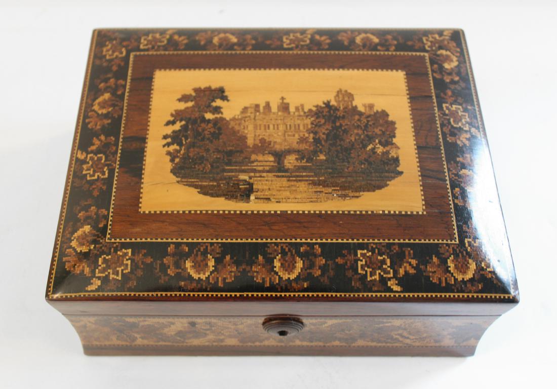 19th Century French Marquetried Jewel Box: Rosewood, ebony and sycamore. Circa 1870. 9"W. x 7"D. x 4"H. Guest House Great Room. NO RESERVE. This lot was formerly the property of well-known real estate developer Mr. Melvin Simon and his wife, B