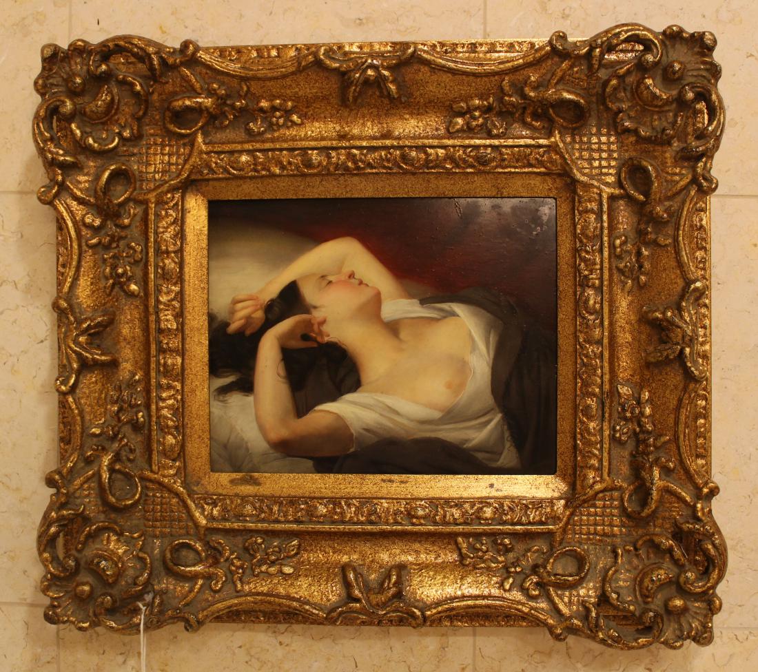 Oil. Reclining Nude: Oil on Panel. 8" H x 10" W. Guest House Guest Suite 1. NO RESERVE. This lot was formerly the property of well-known real estate developer Mr. Melvin Simon and his wife, Bren Simon. It is part of the S