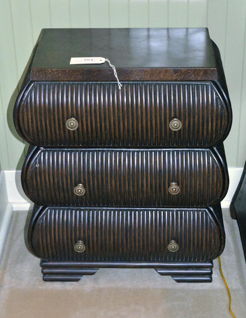 Pair of Unusual Nightstands: Three drawer alderwood nightstands with shaped and reeded fronts. Raised on stepped feet. 24"W.x 16"D. x 29"H. Clubhouse Apartment. NO RESERVE. This lot was formerly the property of well-known real es