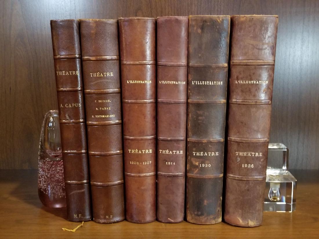 Decorative French Leather Bound Books (6): Decorative Leather Bindings. 6 decorative leather bindings mostly odd volumes in French of French Theater - Camus and illustrated theater annuals between 1906-1930, non-continuous, 3/4 or 1/2 leather 