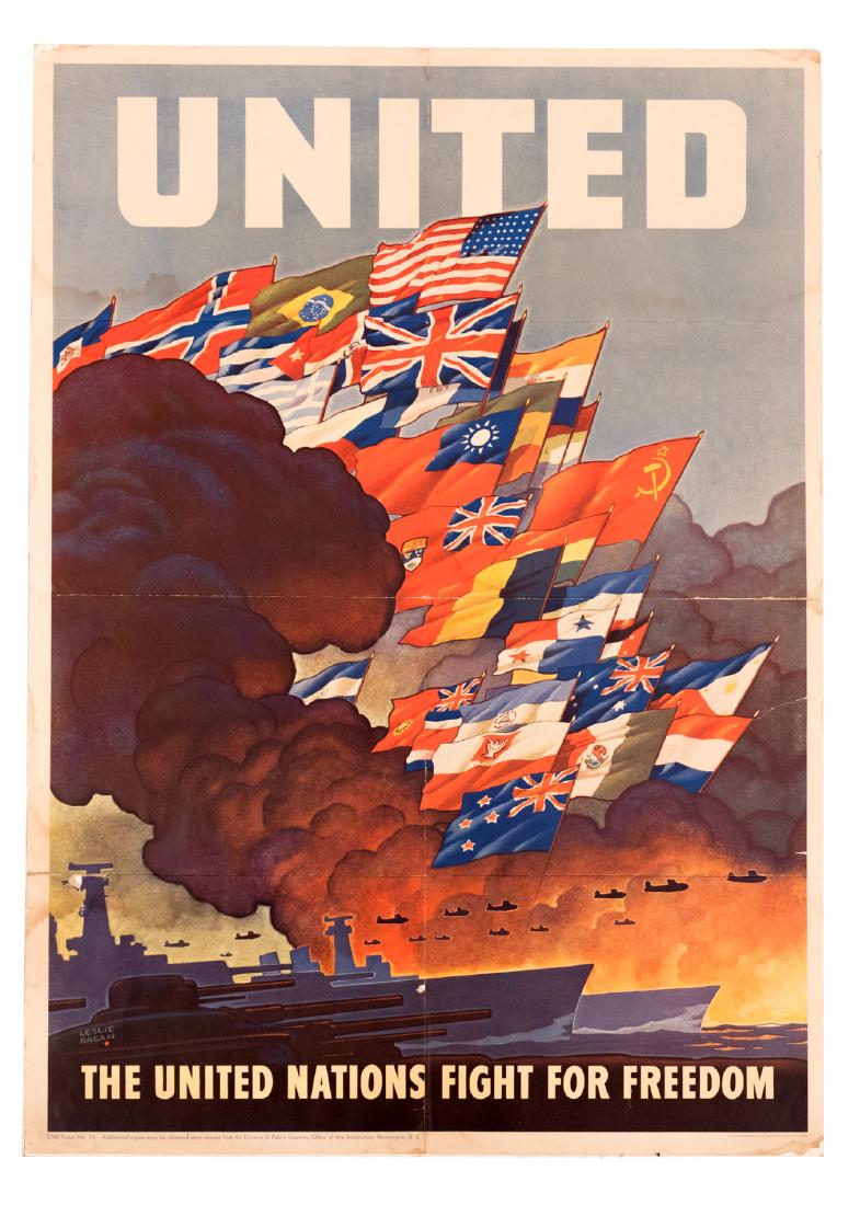 United Nations 1943 Poster: Early reference to the United Nations and its fight for freedom. Naval and dogfight battle scene with national flag emerging from the smoke. World War II era on cardstock. 28" x 20" This is an unreser