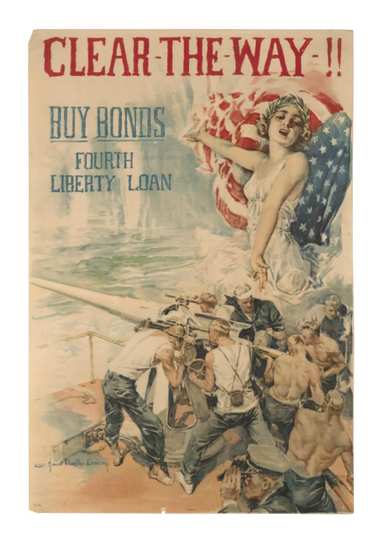 "Clear the Way" World War I Poster: By the 20th-century poster artist Howard Chandler Christie. Uncommon half sheet size approximately 28" x 20" Slight tears at base but no paper loss. Notice to bidders: More detailed condition reports