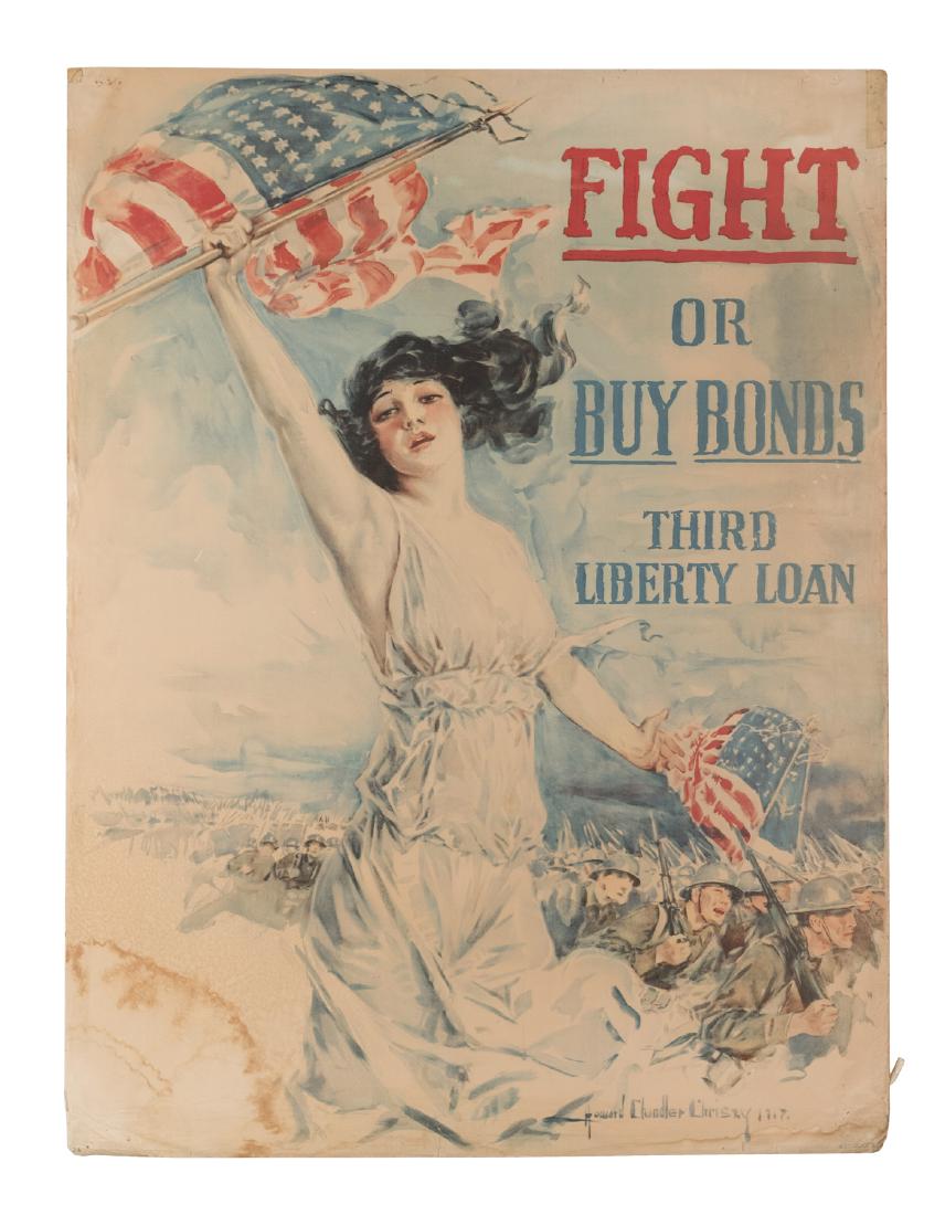 "Fight or Buy Bonds" World War I Poster: By Howard Chandler Christie. Mounted on foam core board. 39"x 30" (Note: we believe that this poster can be safely removed from the board. Please contact Guernsey's - 212-794-2280 - to see if we have 