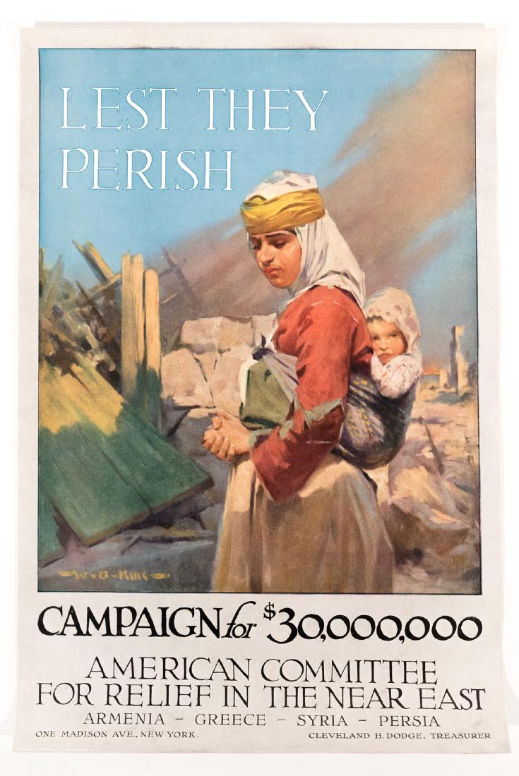 World War I Posters (2): "Lest They Perish" American Commitee for Relief in the Near East posters. 18" x 12" and "Follow the Boys in Blue for Home and Country" recruitment poster 14" x 22" This is an unreserved auction with n