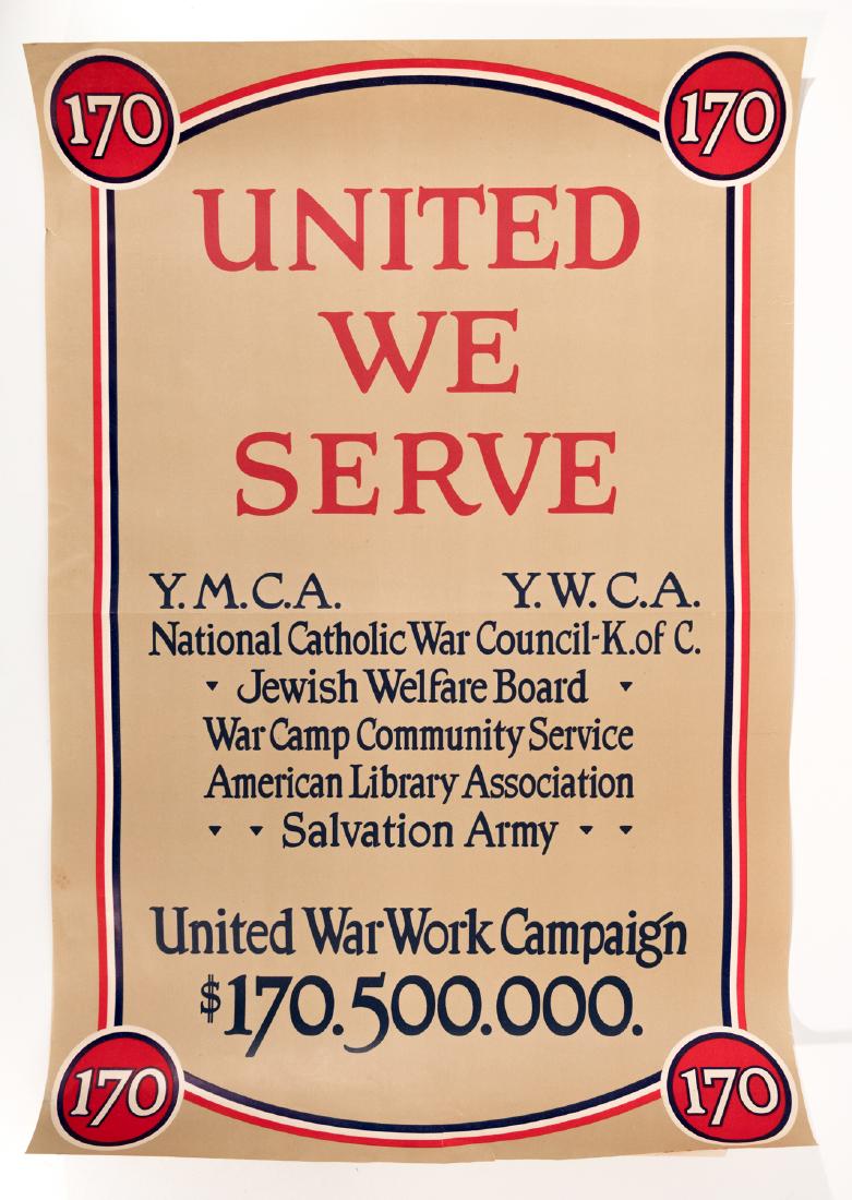World War I Religiously-Themed Posters (2): Two (2) religiously-themed war posters, one in Yiddish. One reads "United We Serve" with Y.M.C.A and Y.W.C.A tags. This is an unreserved auction with no minimums. This is an online only sale. Items ma
