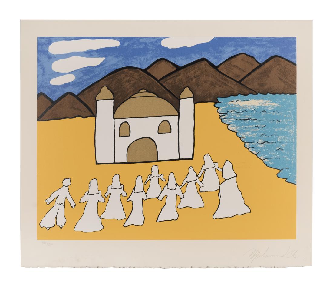 Muhammad Ali Signed Lithograph: The great Muhammad Ali (1942 - 2016) painted this image of robed Muslim figures gathering around a mosque and signed it in pencil. #381/500 21"x 27". While Ali isn't known widely as an artist, he expr