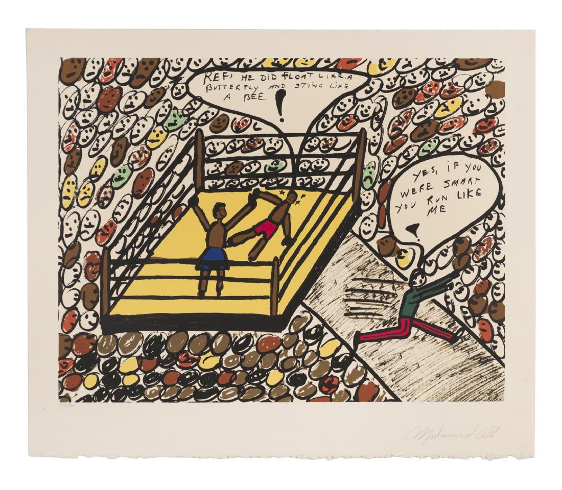 Muhammad Ali Signed Lithograph: The great Muhammad Ali (1942 - 2016) painted this landmark image of one of his fights (presumably either Sonny Liston or "Big Cat"Williams) and signed it in pencil. He added "Ref, he did float like a 