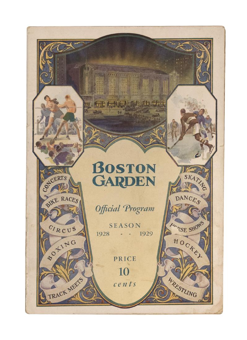 Boston Garden Opening Season Program: Official 1928 - 1929 Program for Boston Garden opening season. Events include: concerts, bike races, circus, boxing, track meets, skating, dances, horse shows, hockey, wrestling. This is an unreserved