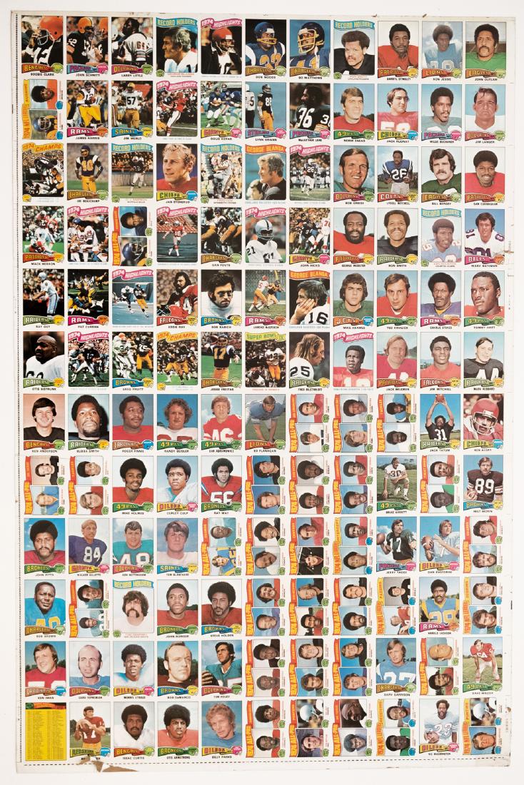 Topps 1975 NFL Cards Proof Sheet: Uncut proof sheet, Topps 1975. Approximately 132 cards featuring George Blanda, Bubba Smith, Dan Foutes, Bob Griese and many other legendary players. This is an unreserved auction with no minimums. Th