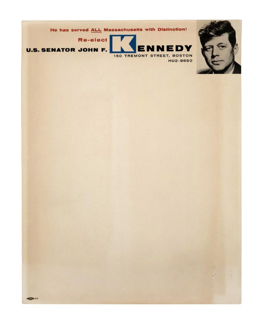 Senator John F. Kennedy Campaign Letterhead: A rare sheet of letterhead featuring a photograph of then Senator John F. Kennedy with the statement "He has served ALL Massachusetts with Distinction! Re-elect U.S. Senator John F. Kennedy" followed