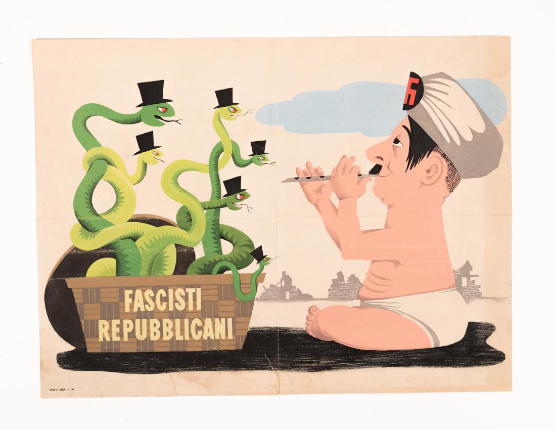 Fascisti Repubblicani Poster: Hitler as a snake charmer with the snakes adorned with British top hats. Ruins in the background. Circa 1943. 15" x 20" This is an unreserved auction with no minimums. This is an online only sale. Ite