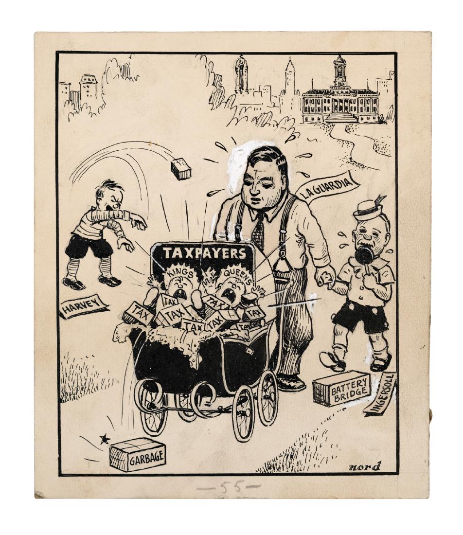 New York City Political Cartoon: Normally popular Mayor La Guardia of NYC is shown being assaulted by brick-throwing children fighting over taxes, garbage, bridges, etc. C. 1938. 8" x 7" This is an unreserved auction with no minimums