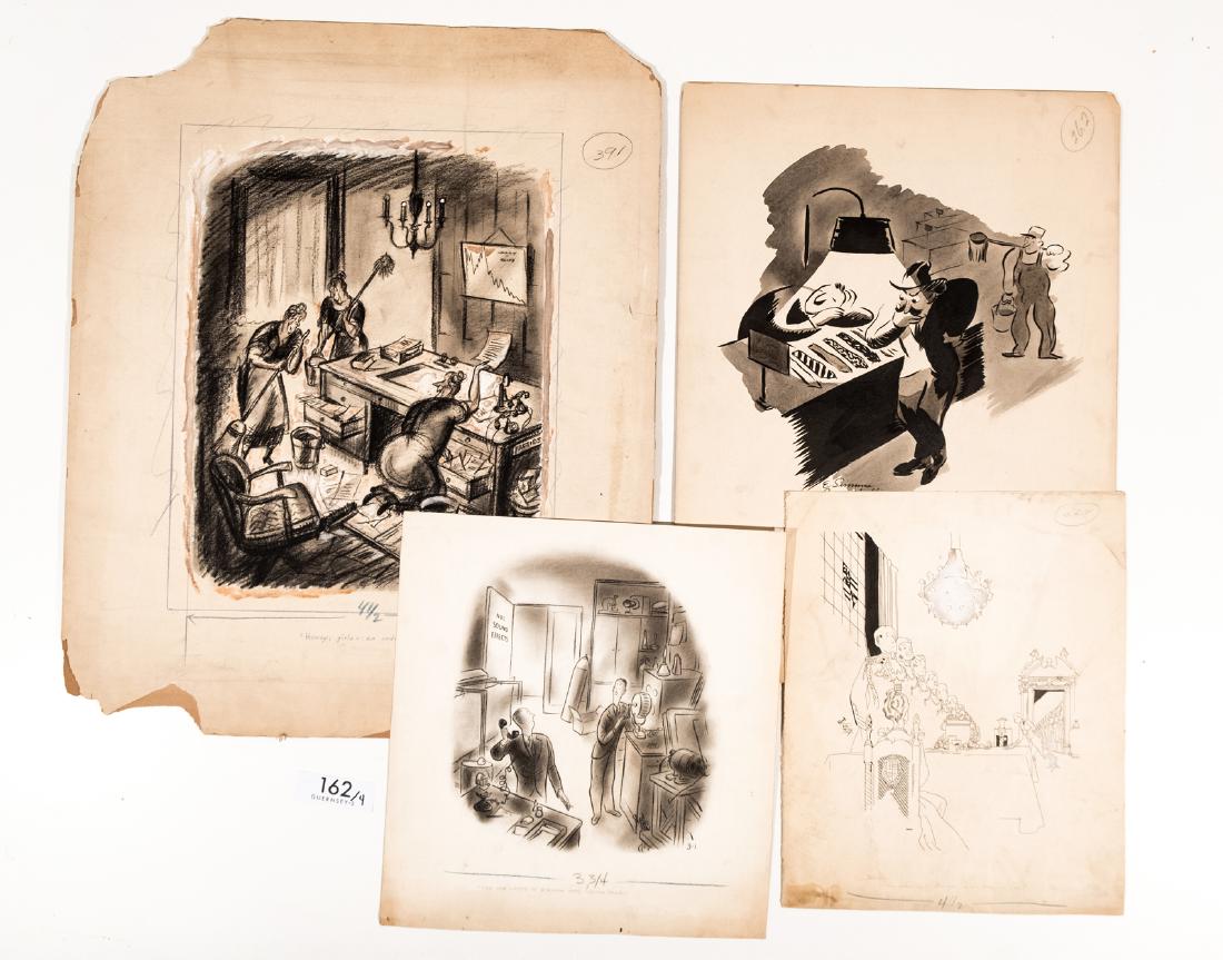 Life and Judge Magazine Cartoon Illustrations (4): Four original B/W illustrations used in Life or Judge magazines in the 1930's. Artists include Ned Hilton, E. Simmons Campbell and Markow. Sizes range from 18" x 14" to 12" x 11" This is an unreserved