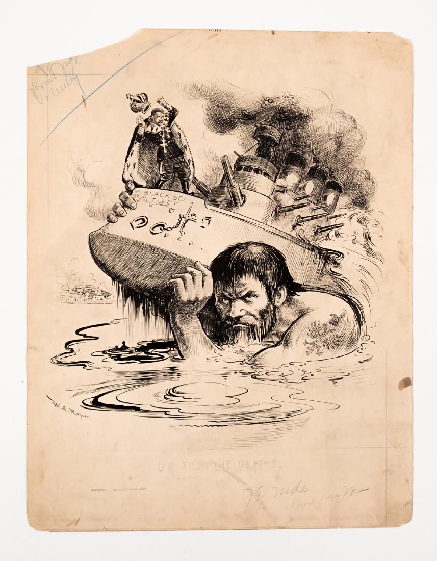 "Up from the Depths" Cartoon by W.A Rogers: A magnificent pen & ink political cartoon by W.A. Rogers. 15"x 12". Copyright: Harper & Brothers. Likely to have appeared in Harper's Weekly c. 1890. Pencil notations indicating "Front page". Consider