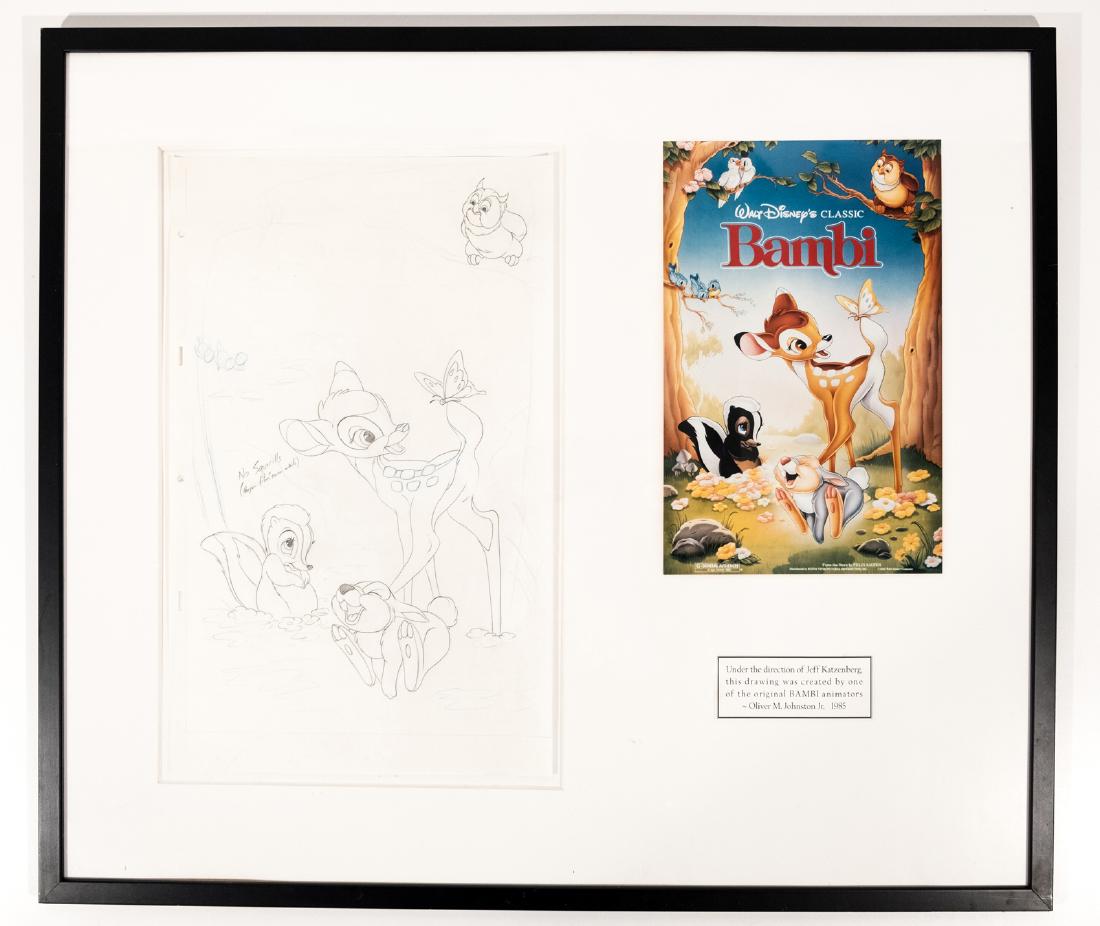 Bambi Original Drawing: Oliver M. Johnston, Jr. Original drawing, 1985. This charming pencil drawing has visible black and light blue sketch lines as the artist worked out the details for a 1980's poster release of Bambi. Pr
