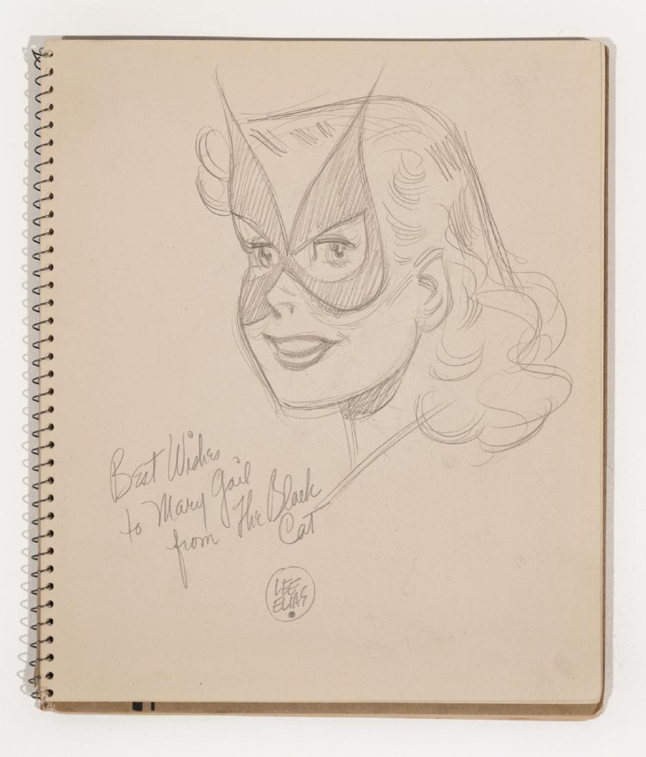 Lee Elias, Cartoonist, The Black Cat: Original 1950 cartoon of the Black Cat. "Best Wishes to Mary Gail from the Black Cat, Lee Elias" PLUS on verso Irwin Hasen, Cartoonist, Dondi. Portrait of Irwin. "Lots of luck to Marry Garil, irwin Ha
