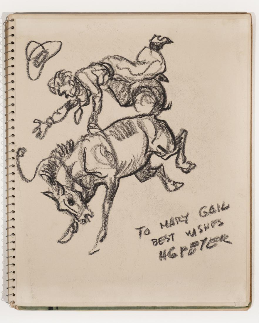 H.G. Peter, Cartoonist: Original 1950 cartoon. Bucking Bronco. 11.75"x 10" PLUS on separate paper partially glue to H. G. Peter cartoon is a second page from Cartoonist Jeff Keate, spotted dog. 11.75"x 10" original 1950 cart