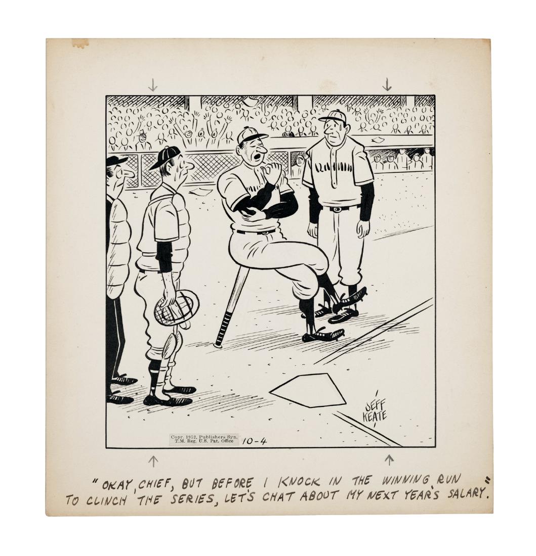Jeff Keate Baseball Cartoons (5): Five (5) original sports cartoons with a baseball theme. By noted sports cartoonist Jeff Keate. C. 1951. All 10"x 9.5" This is an unreserved auction with no minimums. This is an online only sale. Item