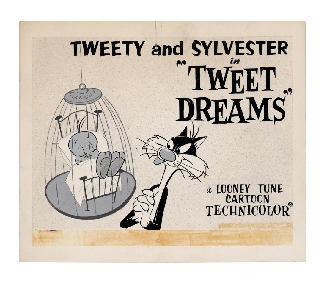 Tweety and Sylvester Cartoon: "Tweet Dreams" inked cartoon. "A Looney Tune Cartoon Technicolor. 9.5"x 11". (Could this possibly be the origin of today's rampant tweets?) This is an unreserved auction with no minimums. This is an o