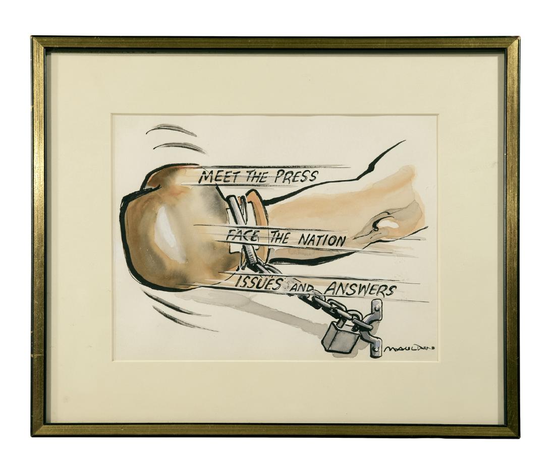 Bill Mauldin, Political News Cartoon: Original watercolor, undated, signed lower right. About the artist: William ("Bill") Mauldin (1921-2003) was an American editorial cartoonist who won 2 Pulitzer Prizes for his work. Early in Mauldin's
