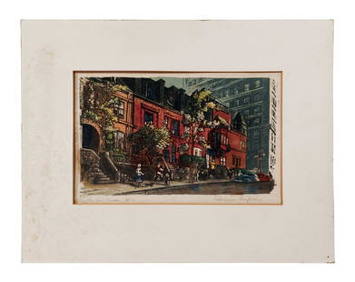 Woldemar Neufeld, Little Red Houses: Woldemar Neufeld. 10" x 14". Ed. 50. Lithograph signed in pencil. Believed to be New York City scene of private houses bordering either Gramercy Park or Carl Schurz Park. Born in Russia in 1909, Neufe
