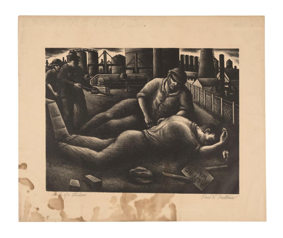 Meltsner, Woodcut "Death of a Striker": Wood cut by Paul R. Meltsner. C. 1935. One of the most prominent of all WPA artists, Meltsner's work appears in the Smithsonian Museum, the National Portrait Gallery, MOMA, the Brooklyn Museum, the Ar