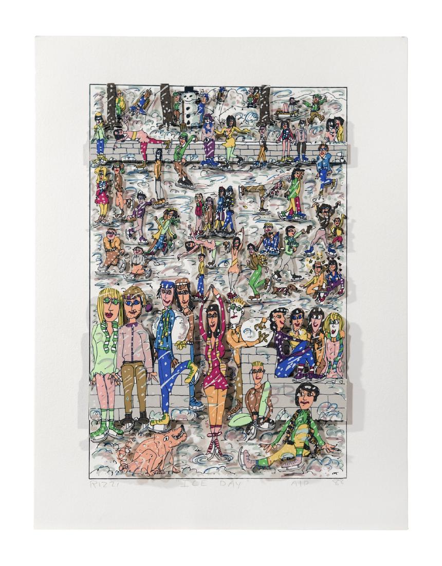 James Rizzi, Iceday, 3-D print: "Iceday," silkcreen with hand-cut 3-dimensional construction, 1988; signed & dated in pencil; an artist's proof (A/P) from a numbered edition of 250. In pristine condition. Acquired directly from the
