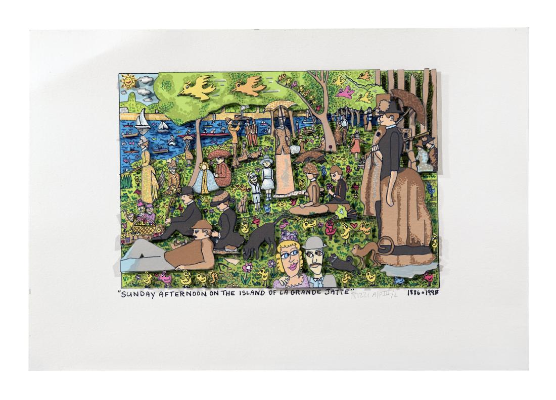James Rizzi, 3-D construction: "Sunday Afternoon on the Island of La Grande Jatte", Silkcreen with hand-cut 3-D construction, 1988, signed in pencil, a numbered artist's proof (A/P III/L) from a numbered edition of 350. In pristine