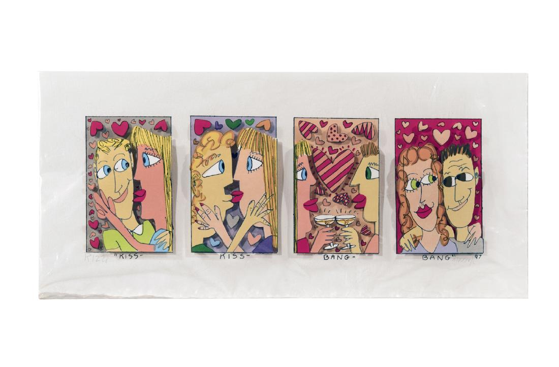 James Rizzi, Kiss Kiss Bang Bang: "Kiss Kiss Bang Bang," silkcreen with hand-cut 3-D construction, 1997, signed in pencil, a numbered artist's proof (A/P XXV/L) from a numbered edition of 350. In pristine condition. Acquired directly
