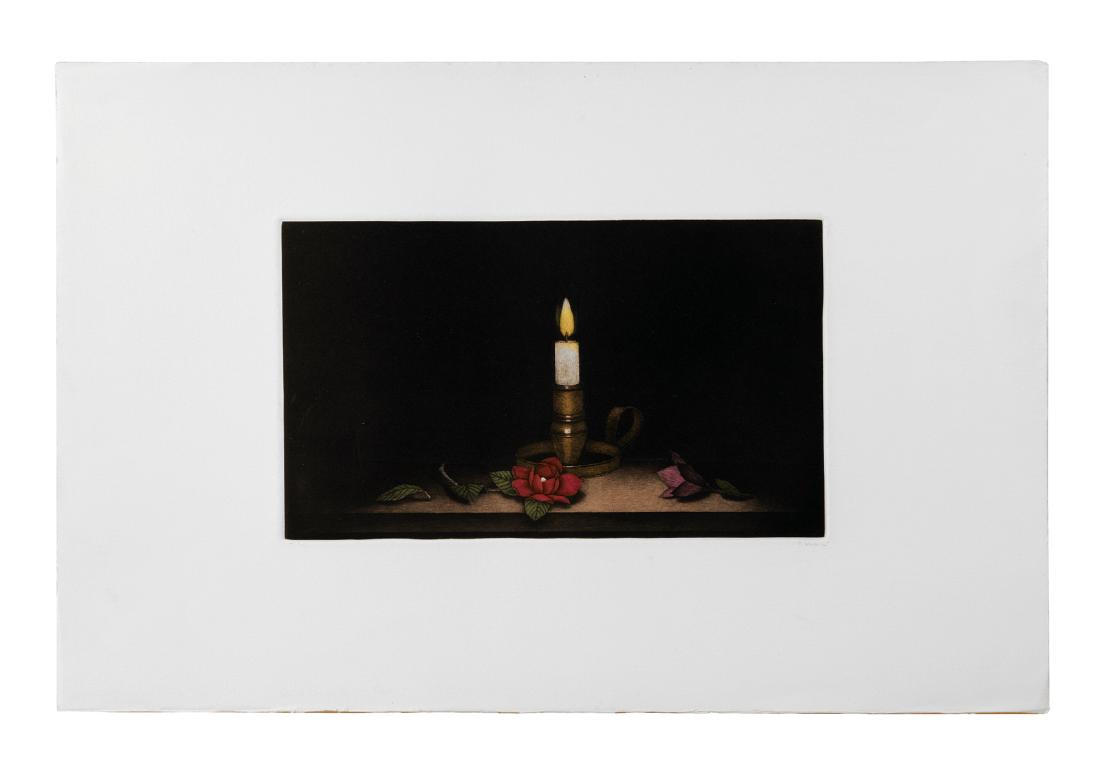 Tomoe Yokoi, Two (2) Mezzotints: "Candlelight", c.1975, signed in pencil and annotated H.C., from an edition of 100. Dimensions: image: 6 3/8 x 10 7/8"; paper: 13 x 19 3/4" "Cup and Strawberry", 1987, signed in pencil and annotated H