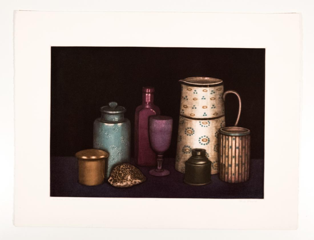 Olivia Munroe, Mezzotint in Color: "Collection with Sea Shell," signed, titled and annotated A/P in pencil. Olivia Munroe (b. 1953), studied printmaking at the Rhode Island School of Design. Although from New York, she further perfecte