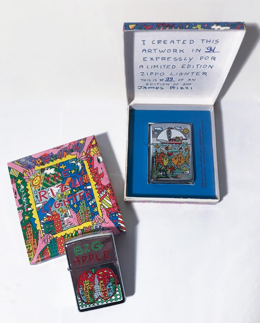 James Rizzi, 2 Rare Zippo Lighters: "Love at Sea,", enamel on chrome, 1994, signed in the image, number 99/200. Acquired directly from the artist. "Big Apple," enamel on chrome, 1994, signed in the image, an unnumbered artist's proof fr