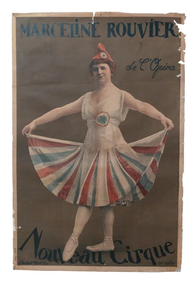 Noveau Cirque, Marceline Rouvier de l' Opera: Marceline Rouvier was a French actress featured in the 1922 film "The Mysteries of Paris" Old linen back 46" x 31" This is an unreserved auction with no minimums. This is an online only sale. Items ma