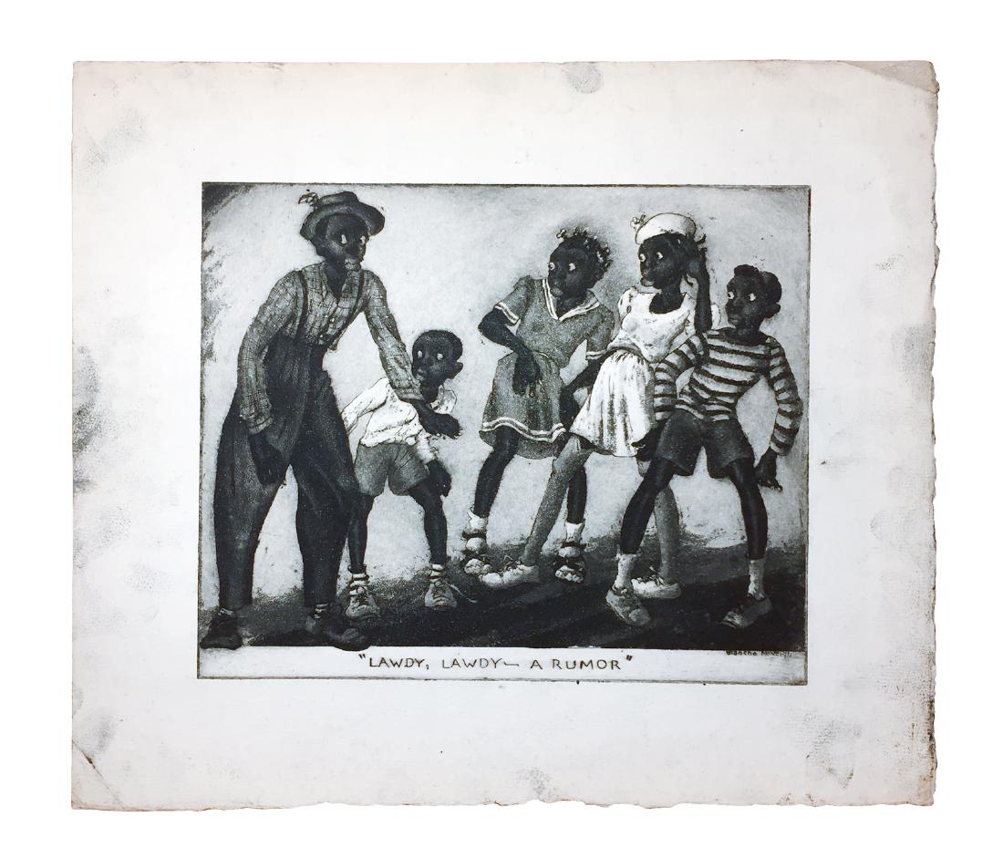 Blanche McVeigh, "Lawdy Lawdy -- A Rumor": "Lawdy, Lawdy – A Rumor", aquatint, signed in the plate. Printed by Anderson Lamb, Brooklyn, NY. Image: 8 x 9 3/4"; Paper: 12 x 13 3/4"Blanche McVeigh was renowned for her etchings, and particularly