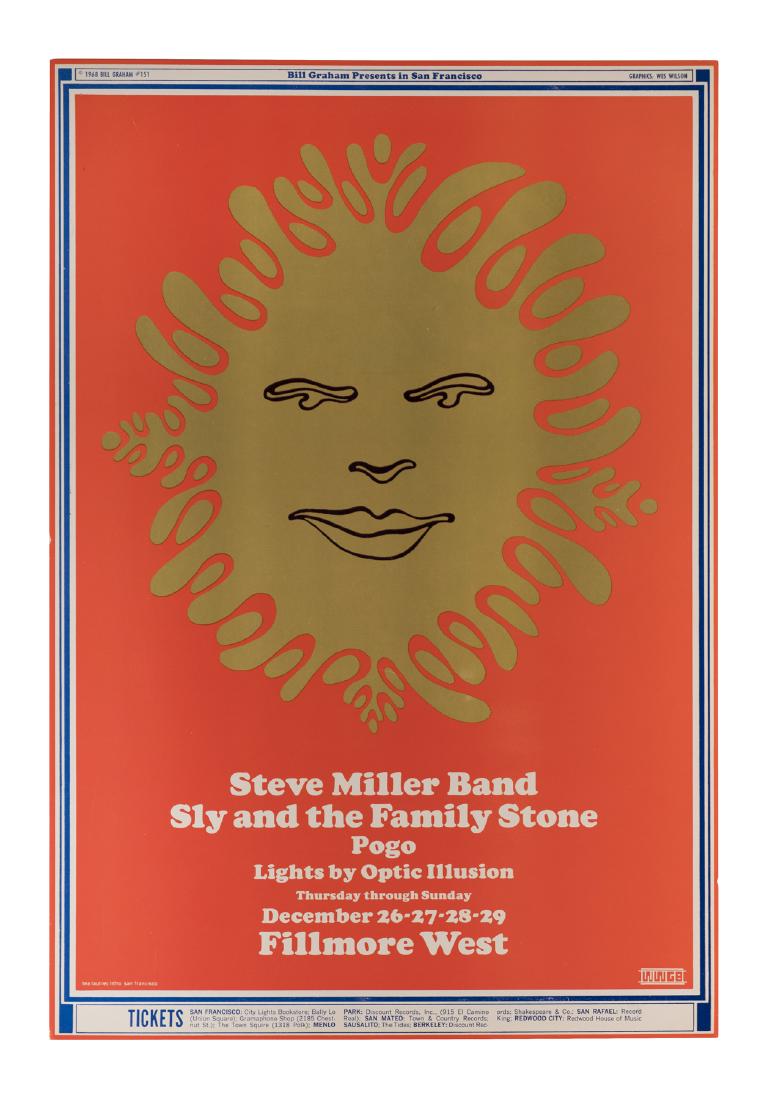Steve Miller Band, Sly and the Family Stone Poster: Bill Graham poster #151, 1968. 21.25"x 14". This is an unreserved auction with no minimums. This is an online only sale. Items may be viewed upon appointment in New York City. Condition: Excellent co
