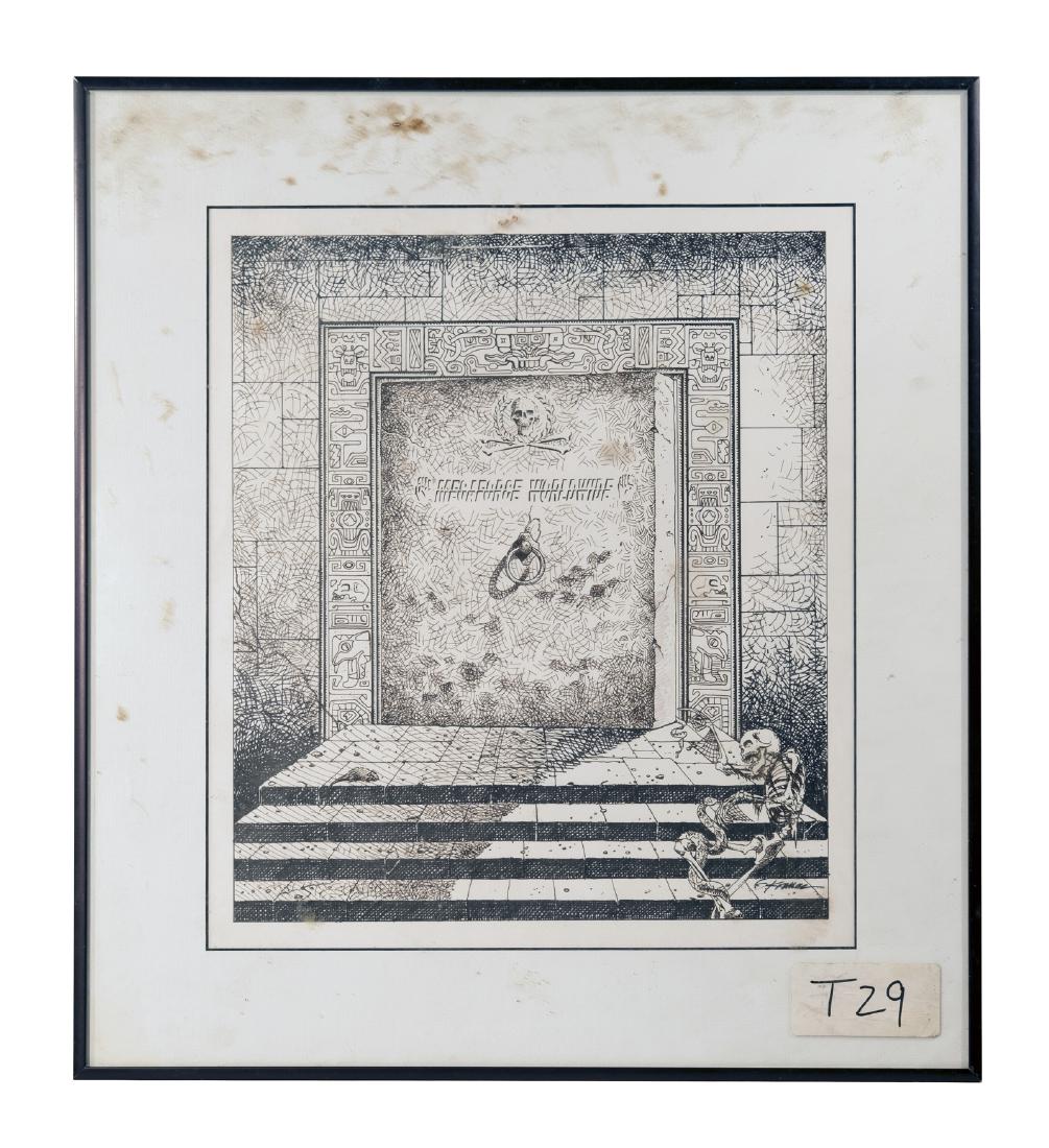 Mega Force Worldwide Drawing: Black and white ink drawing created for Grateful Dead. Framed and signed Gary Kroman. 15" x 13" This is an unreserved auction with no minimums. This is an online only sale. Items may be viewed upon ap