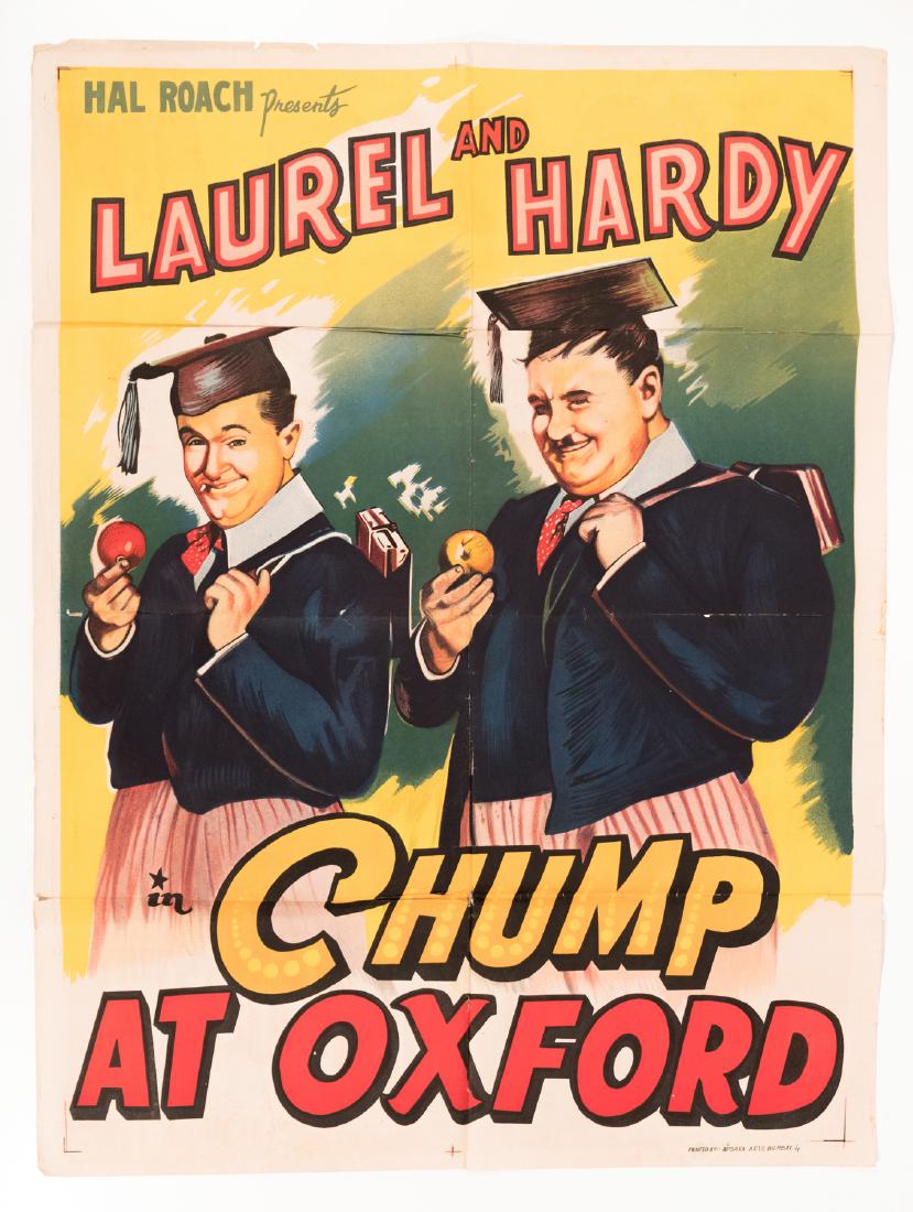 "Chump at Oxford" Movie Poster: From the 1939 film with Laurel and Hardy produced by Hal Roach. International origin. 42" x 28" This is an unreserved auction with no minimums. This is an online only sale. Items may be viewed upon ap