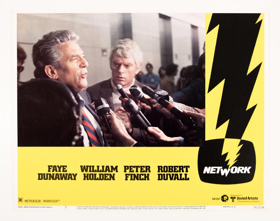 "Network" Lobby Cards (4): Four (4) Lobby Cards from the film "Network" (1976), recently named one of the most influential movies of all time. The film features Faye Dunaway, William Holden, Peter Finch, and Robert Duvall. Most