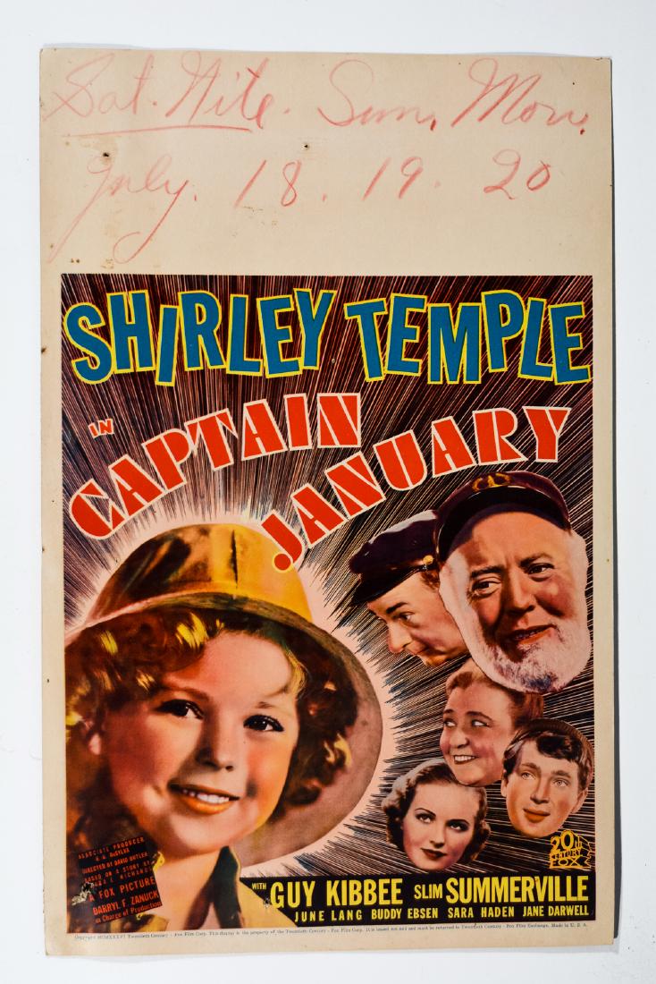 "Captain January" Window Card: Movie window card for "Captain January" with Shirley Temple, Guy Kibble and Slim Summerville. 22" x 14" This is an unreserved auction with no minimums. This is an online only sale. Items may be viewed