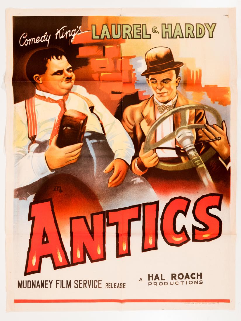 "Antics" Movie Poster: Laurel and Hardy in a Hal Roach production. Original unmounted, folded. International origin. 29"x 40". This is an unreserved auction with no minimums. This is an online only sale. Items may be viewed