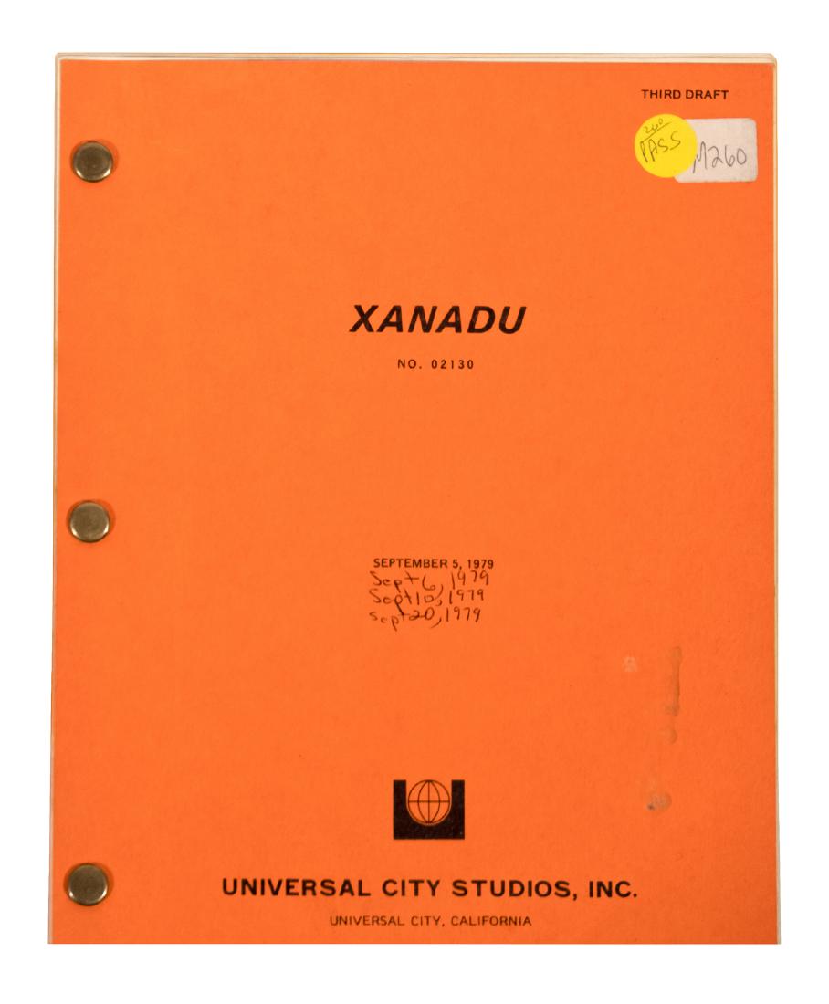 "Xanadu" Third Draft Script: Third draft Sept. 1979. Universal City Studios. Shooting script. Ex. Forrest J. Ackerman Collection. This is an unreserved auction with no minimums. This is an online only sale. Items may be viewed up